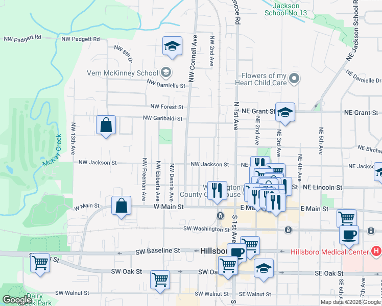 map of restaurants, bars, coffee shops, grocery stores, and more near 381 Northwest Connell Avenue in Hillsboro
