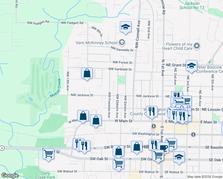 map of restaurants, bars, coffee shops, grocery stores, and more near 352 Northwest Freeman Avenue in Hillsboro
