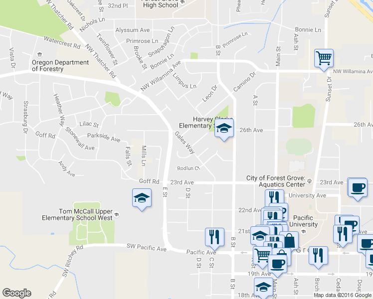 map of restaurants, bars, coffee shops, grocery stores, and more near 2515 Gales Way in Forest Grove