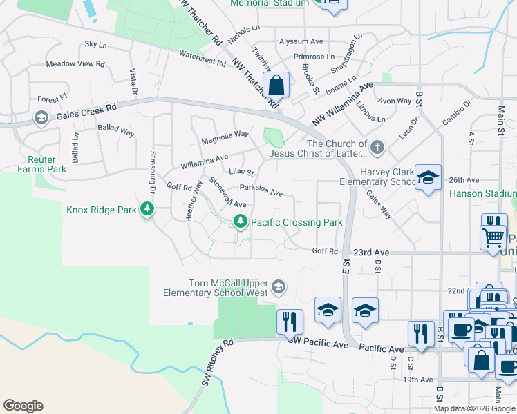 map of restaurants, bars, coffee shops, grocery stores, and more near 2610 Windstream Street in Forest Grove