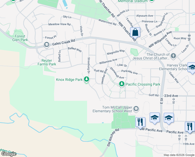 map of restaurants, bars, coffee shops, grocery stores, and more near 2615 Forge Drive in Forest Grove