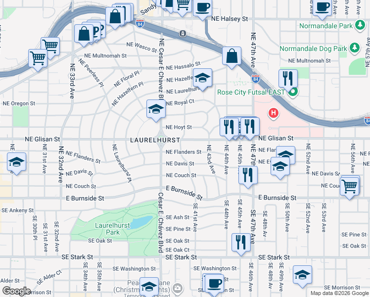 map of restaurants, bars, coffee shops, grocery stores, and more near 4131 Northeast Glisan Street in Portland