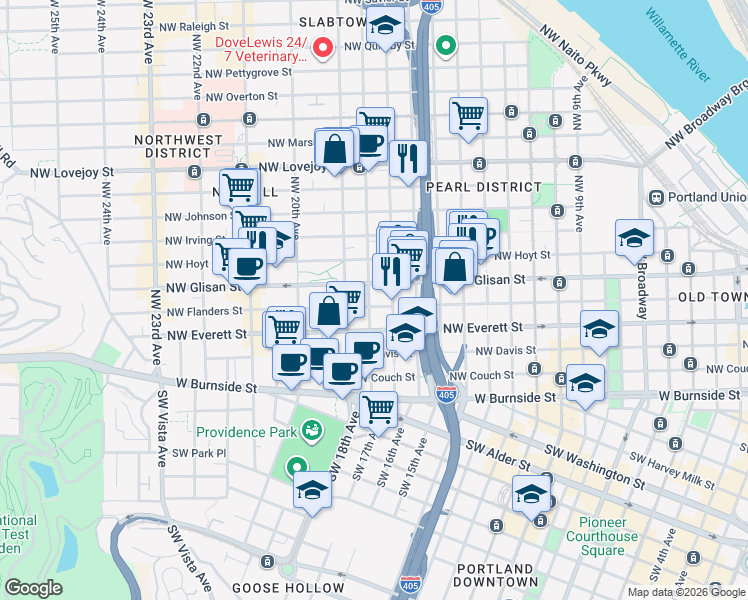 map of restaurants, bars, coffee shops, grocery stores, and more near in Portland