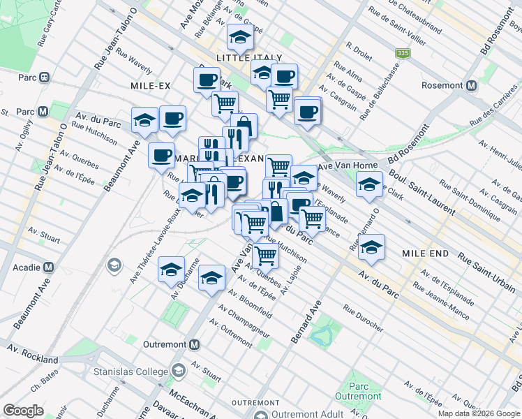 map of restaurants, bars, coffee shops, grocery stores, and more near Avenue du Parc in Montréal