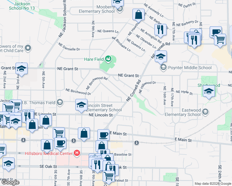 map of restaurants, bars, coffee shops, grocery stores, and more near 1013 Northeast Birchwood Drive in Hillsboro