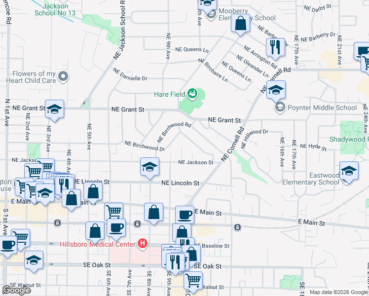 map of restaurants, bars, coffee shops, grocery stores, and more near 362 Northeast 9th Place in Hillsboro