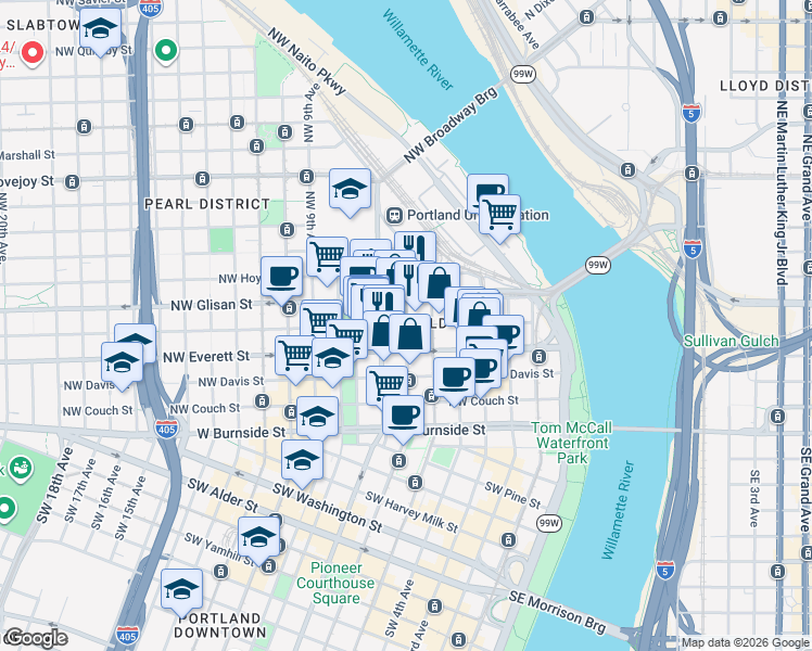 map of restaurants, bars, coffee shops, grocery stores, and more near Northwest 6th Avenue in Portland