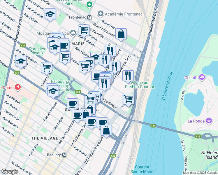 map of restaurants, bars, coffee shops, grocery stores, and more near 2180 Rue Sainte-Catherine Est in Montréal