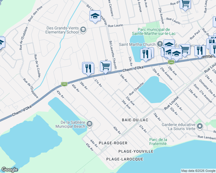 map of restaurants, bars, coffee shops, grocery stores, and more near 126 36e Avenue in Sainte-Marthe-sur-le-Lac