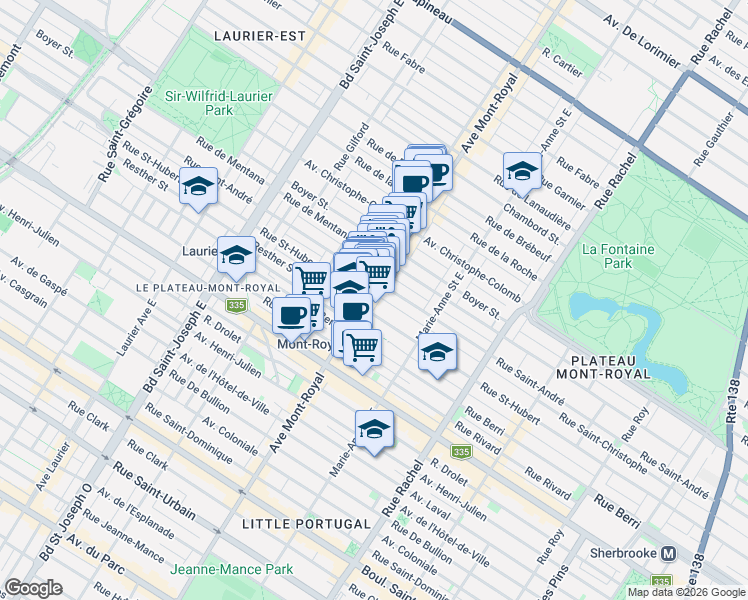 map of restaurants, bars, coffee shops, grocery stores, and more near 830 Avenue du Mont-Royal Est in Montréal