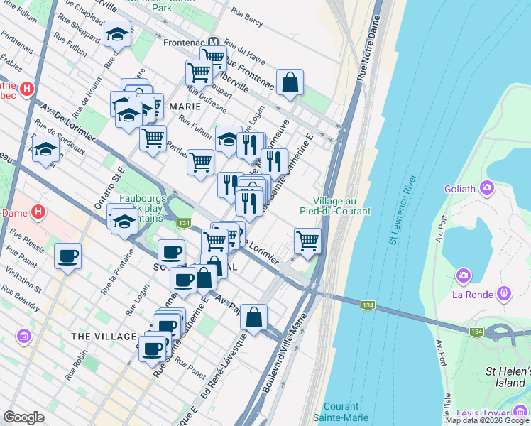 map of restaurants, bars, coffee shops, grocery stores, and more near 2180 Rue Sainte-Catherine Est in Montréal