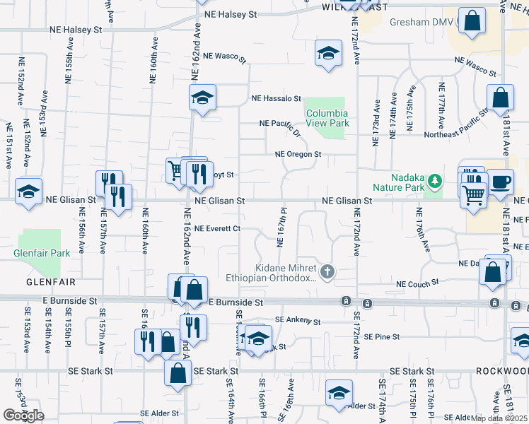 map of restaurants, bars, coffee shops, grocery stores, and more near 16701 Northeast Glisan Street in Portland