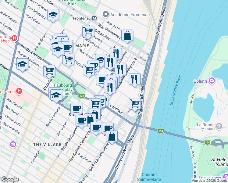 map of restaurants, bars, coffee shops, grocery stores, and more near 2181 Rue Sainte-Catherine Est in Montréal