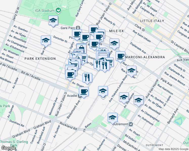 map of restaurants, bars, coffee shops, grocery stores, and more near 6915 Champagneur Avenue in Montreal