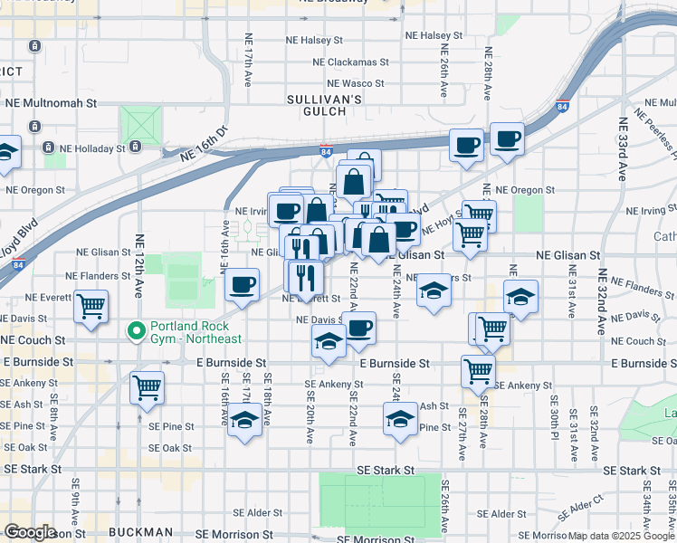 map of restaurants, bars, coffee shops, grocery stores, and more near 2107 Northeast Flanders Street in Portland