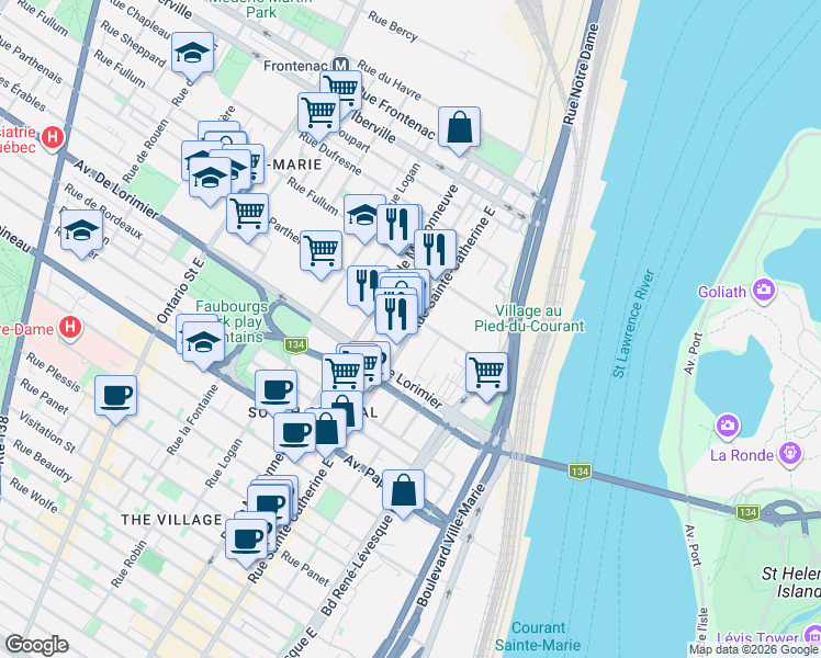 map of restaurants, bars, coffee shops, grocery stores, and more near 2181 Rue Sainte-Catherine Est in Montréal