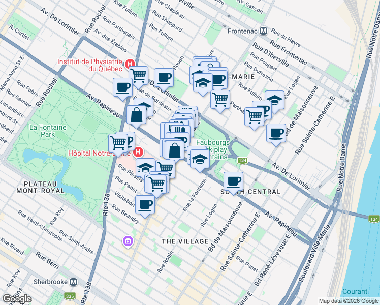 map of restaurants, bars, coffee shops, grocery stores, and more near 1931 Avenue Goulet in Montréal