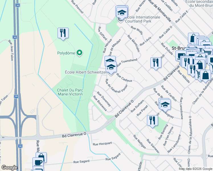 map of restaurants, bars, coffee shops, grocery stores, and more near 384 Rue du Général-Vanier in Saint-Bruno-de-Montarville