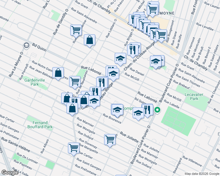 map of restaurants, bars, coffee shops, grocery stores, and more near 486 Chemin du Coteau-Rouge in Longueuil