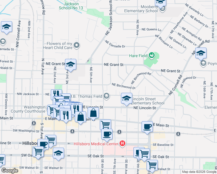 map of restaurants, bars, coffee shops, grocery stores, and more near 624 Northeast Edison Street in Hillsboro