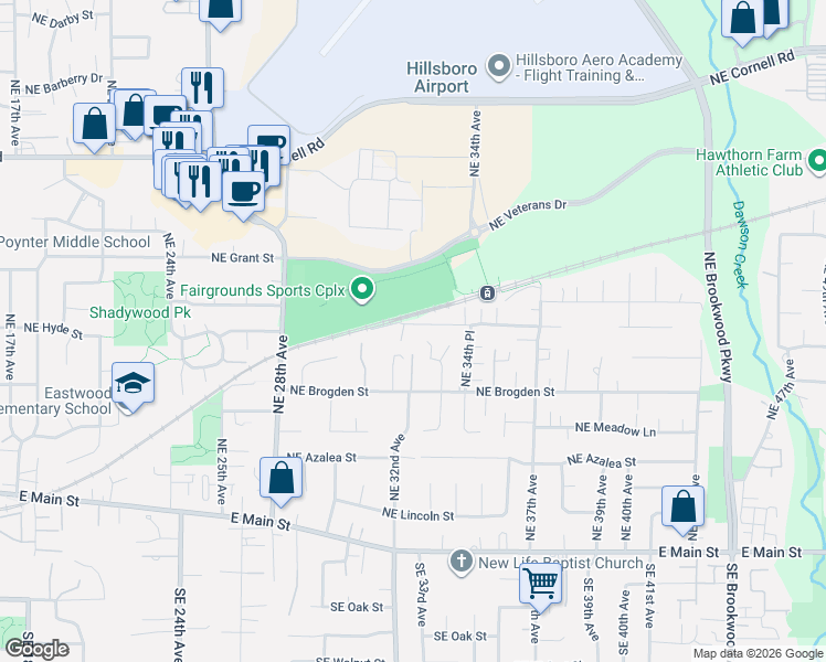 map of restaurants, bars, coffee shops, grocery stores, and more near 3343 Northeast Olympic Street in Hillsboro