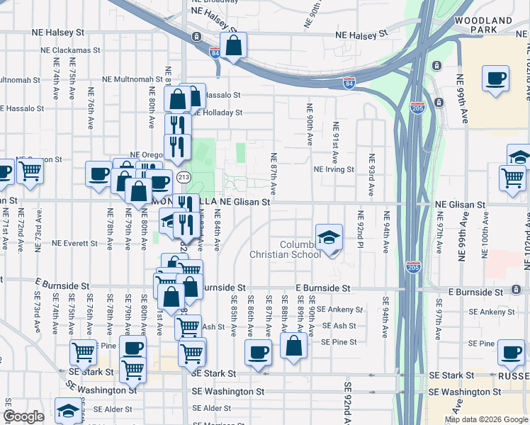 map of restaurants, bars, coffee shops, grocery stores, and more near 421 Northeast 87th Avenue in Portland
