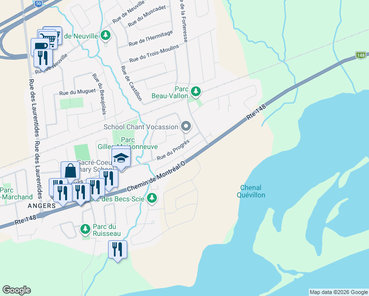 map of restaurants, bars, coffee shops, grocery stores, and more near 514 Rue du Progrès in Gatineau