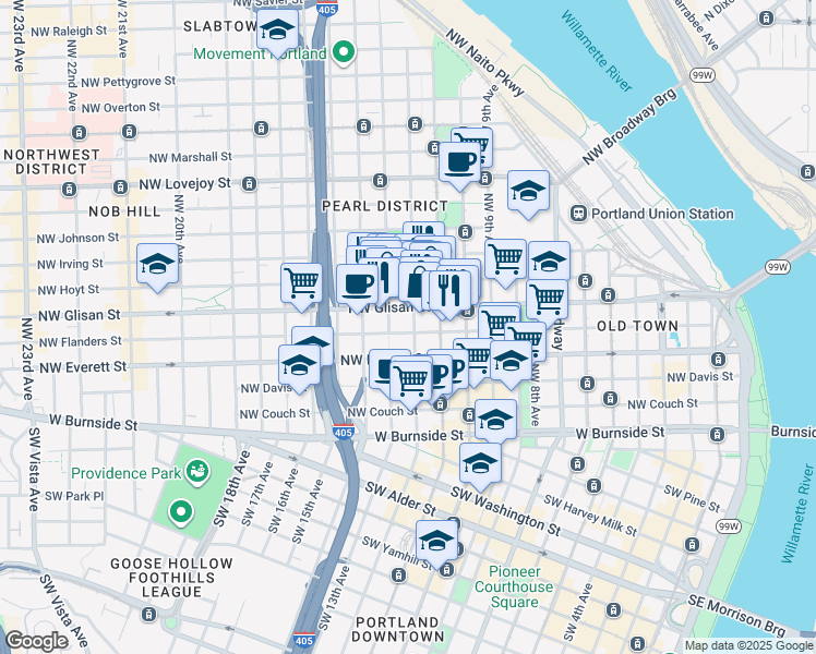 map of restaurants, bars, coffee shops, grocery stores, and more near 416 Northwest 13th Avenue in Portland