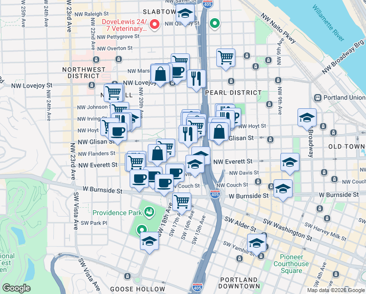 map of restaurants, bars, coffee shops, grocery stores, and more near 410 Northwest 18th Avenue in Portland