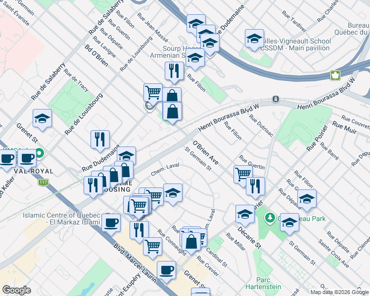 map of restaurants, bars, coffee shops, grocery stores, and more near 2300 Rue Saint-Germain in Montréal