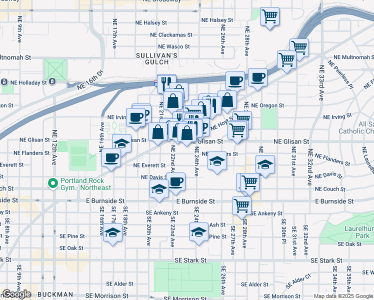 map of restaurants, bars, coffee shops, grocery stores, and more near in Portland