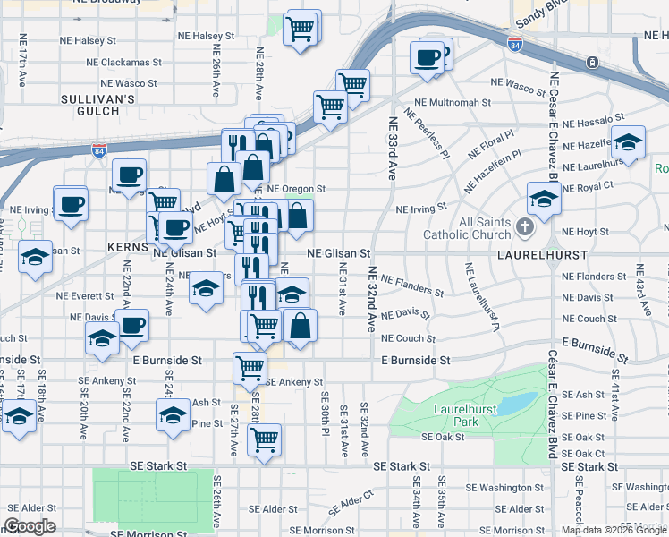 map of restaurants, bars, coffee shops, grocery stores, and more near 3016 Northeast Glisan Street in Portland