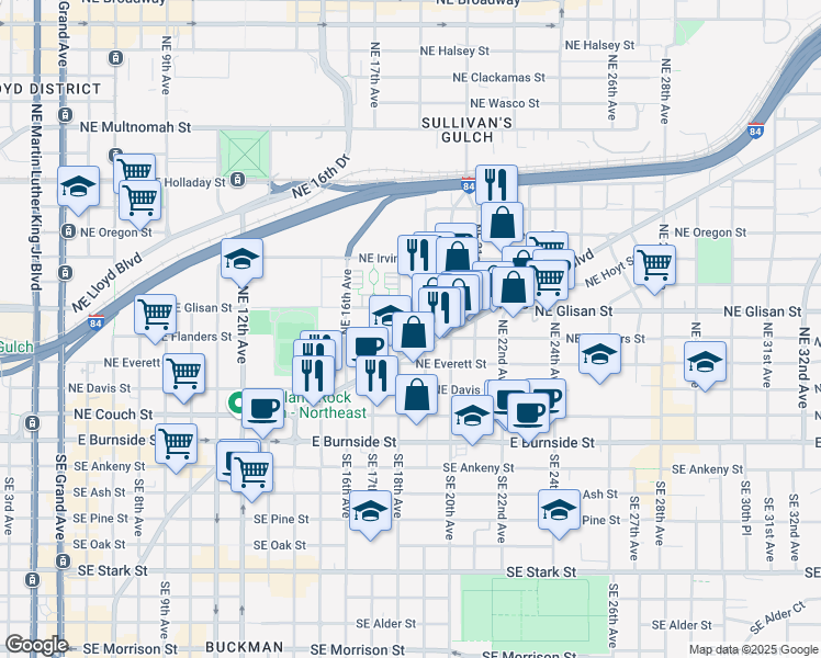 map of restaurants, bars, coffee shops, grocery stores, and more near 435 Northeast 18th Avenue in Portland