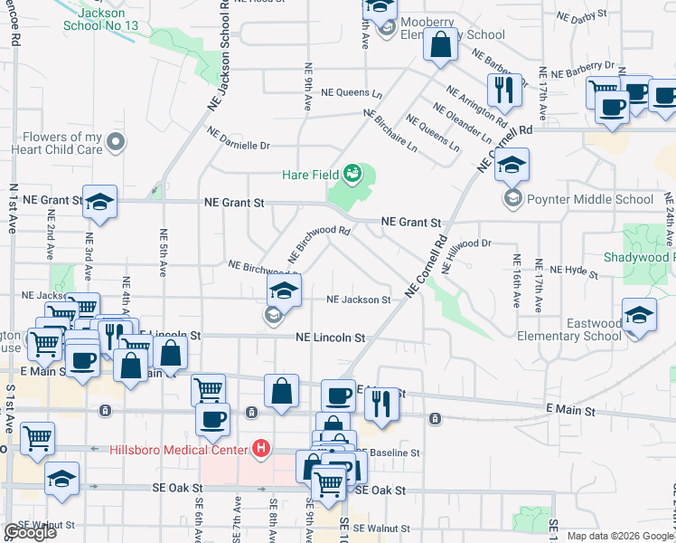 map of restaurants, bars, coffee shops, grocery stores, and more near 362 Northeast 9th Place in Hillsboro