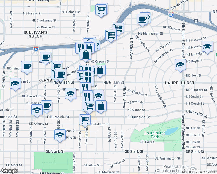 map of restaurants, bars, coffee shops, grocery stores, and more near 3016 Northeast Glisan Street in Portland