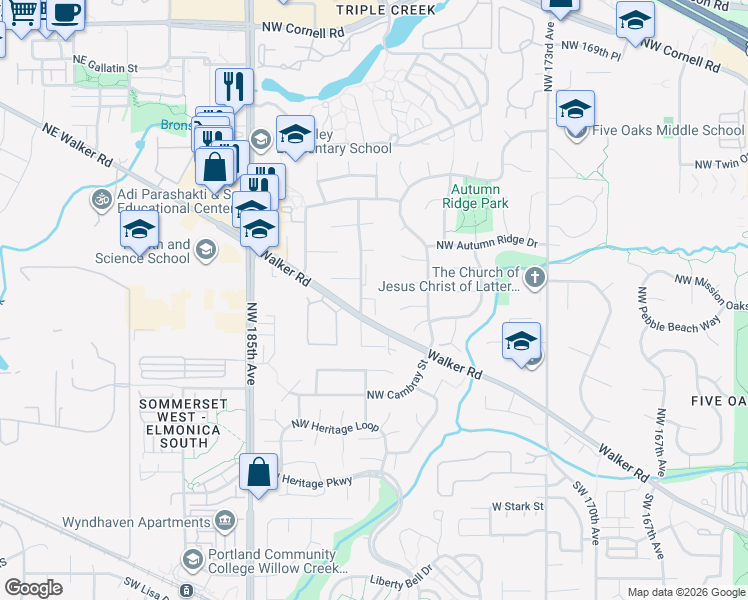 map of restaurants, bars, coffee shops, grocery stores, and more near 17965 Northwest Waterfield Court in Beaverton