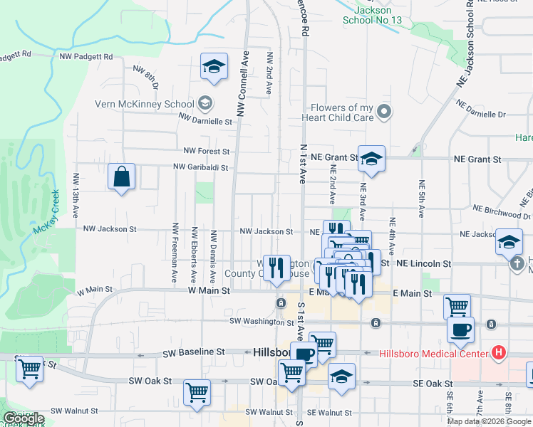 map of restaurants, bars, coffee shops, grocery stores, and more near 260 Northwest Rachel Street in Hillsboro