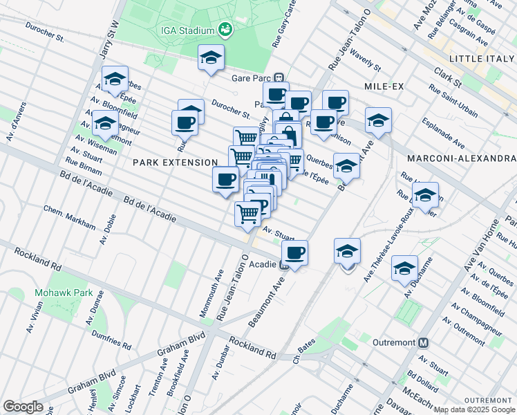 map of restaurants, bars, coffee shops, grocery stores, and more near in Montreal