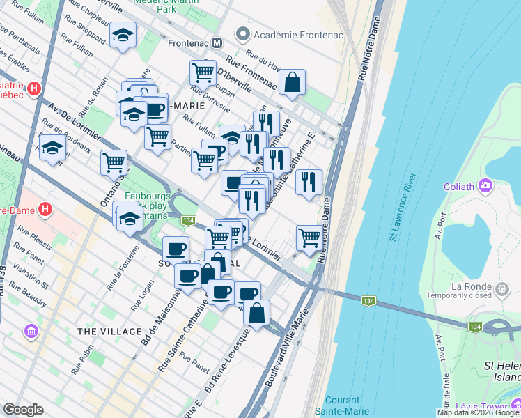 map of restaurants, bars, coffee shops, grocery stores, and more near 2181 Rue Sainte-Catherine Est in Montréal