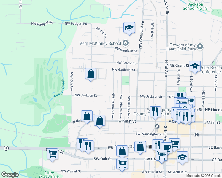 map of restaurants, bars, coffee shops, grocery stores, and more near 345 Northwest Freeman Avenue in Hillsboro