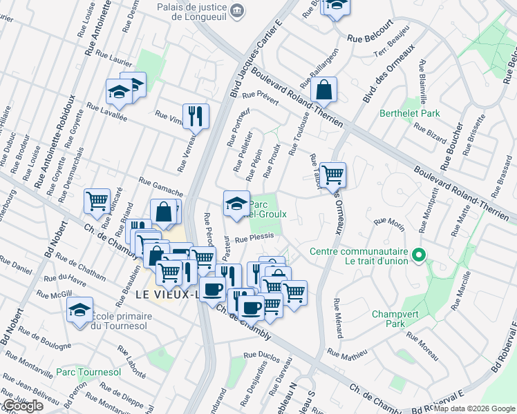 map of restaurants, bars, coffee shops, grocery stores, and more near 2700 Rue Périgny in Longueuil