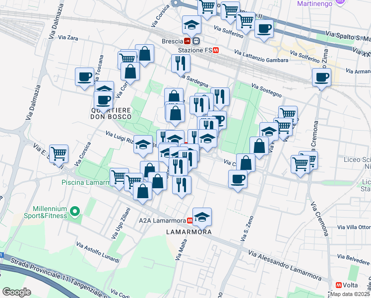 map of restaurants, bars, coffee shops, grocery stores, and more near Via Cefalonia in Brescia