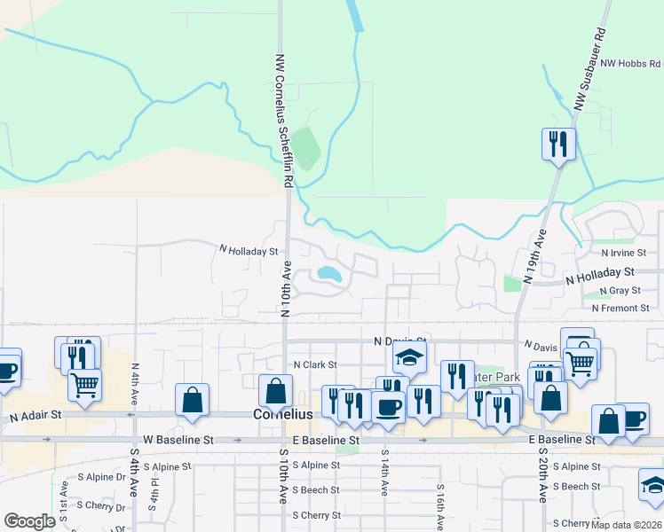 map of restaurants, bars, coffee shops, grocery stores, and more near 570 North 10th Avenue in Cornelius