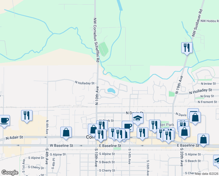 map of restaurants, bars, coffee shops, grocery stores, and more near 570 North 10th Avenue in Cornelius