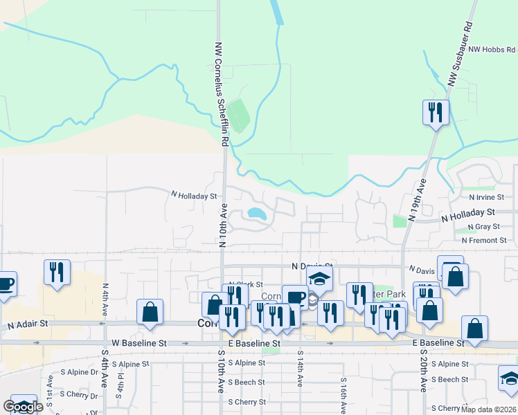 map of restaurants, bars, coffee shops, grocery stores, and more near 570 North 10th Avenue in Cornelius