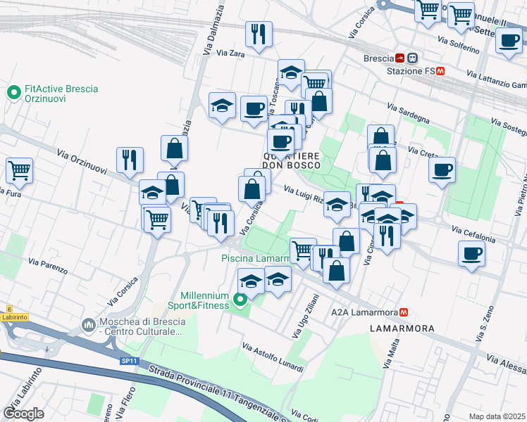 map of restaurants, bars, coffee shops, grocery stores, and more near 301 Via Corsica in Brescia