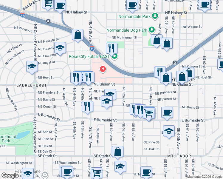 map of restaurants, bars, coffee shops, grocery stores, and more near 5050 Northeast Hoyt Street in Portland