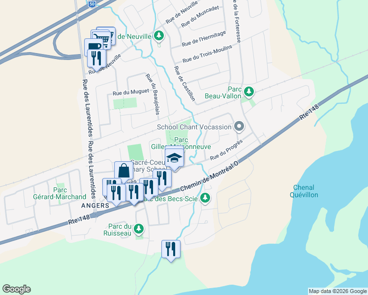 map of restaurants, bars, coffee shops, grocery stores, and more near BMX track Masson-Angers in Gatineau