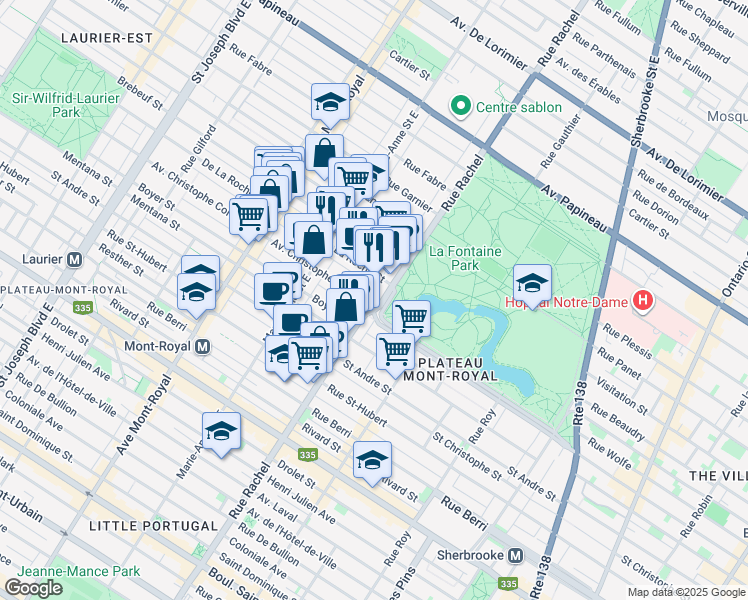 map of restaurants, bars, coffee shops, grocery stores, and more near 1101 Rachel Street East in Montreal