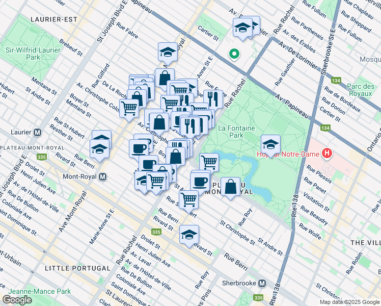map of restaurants, bars, coffee shops, grocery stores, and more near 1101 Rachel Street East in Montreal